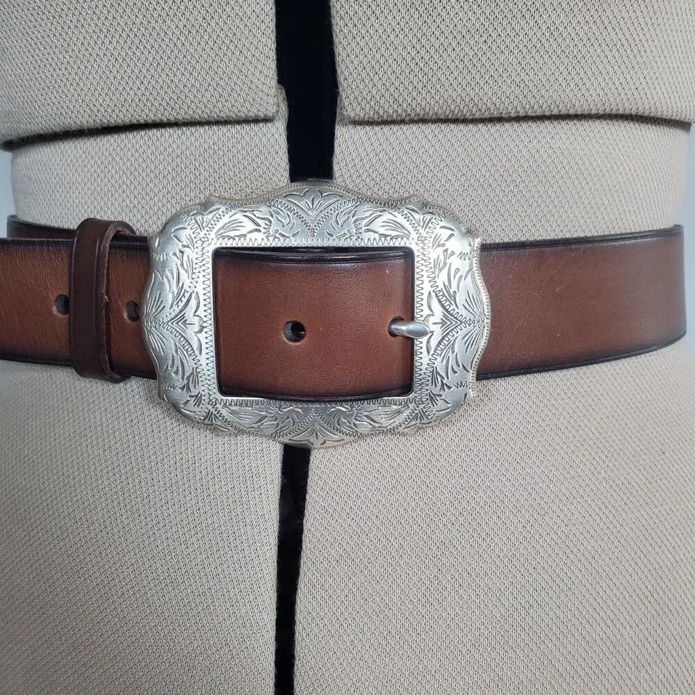 VTG Lauren Ralph Lauren Women’s Brown Leather Belt Large Western Floral Engraved - Picture 2 of 11